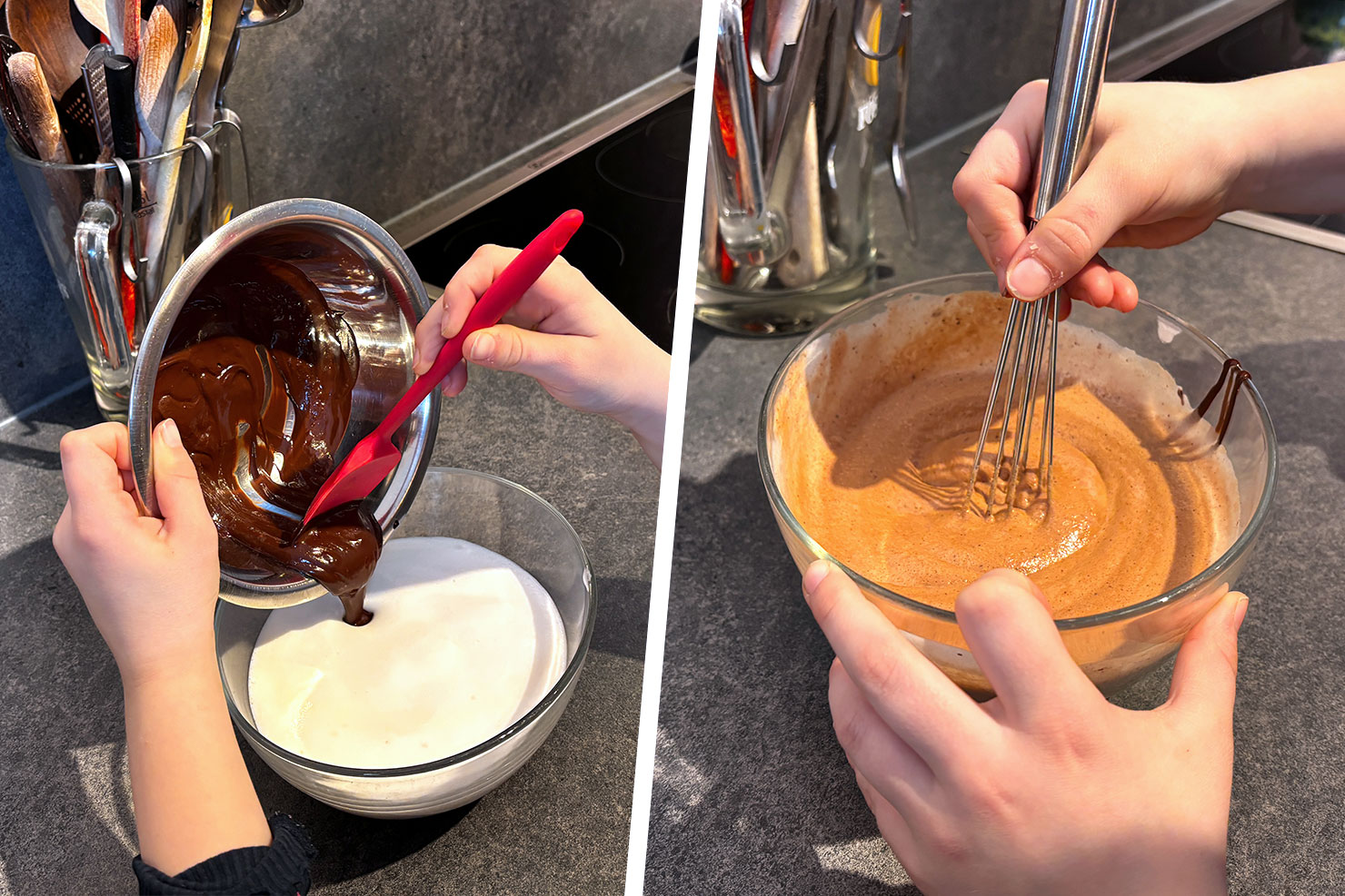 Geschmolzene Schokolade wird in schaumiges Kirchererbsenwasser gefüllt und zu Schokocreme verrührt