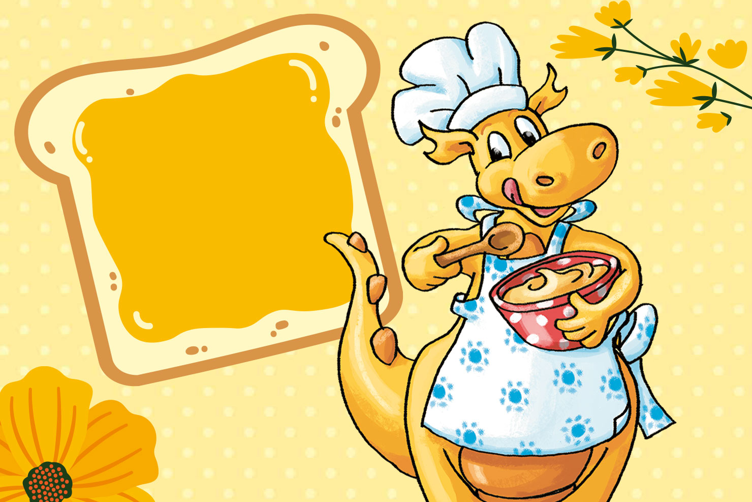 Fessie kocht, hinter ihm ein großes Stück Toast mit Butter