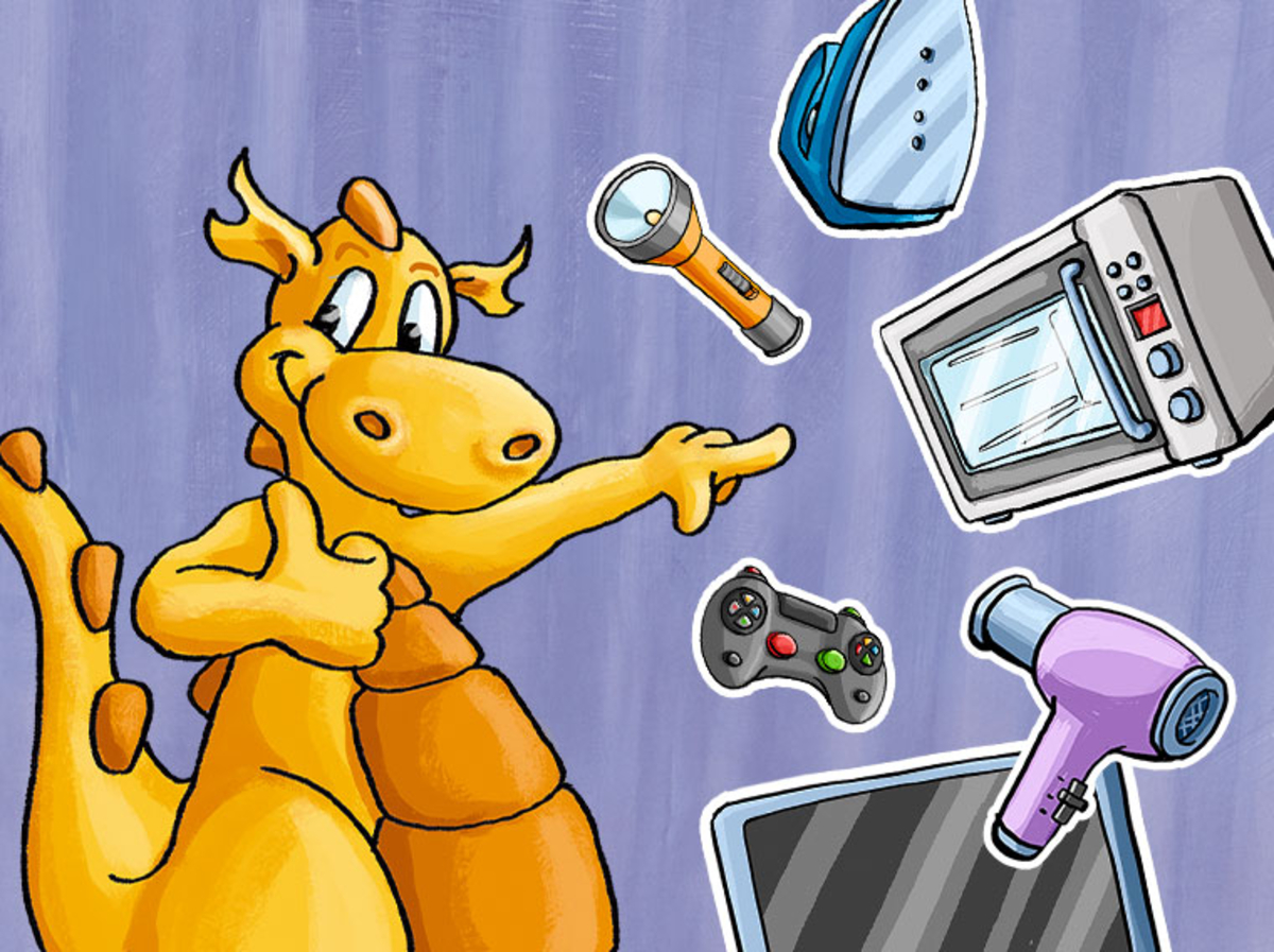 Fessie zeigt auf verschiedene Elektrogeräte für den Haushalt