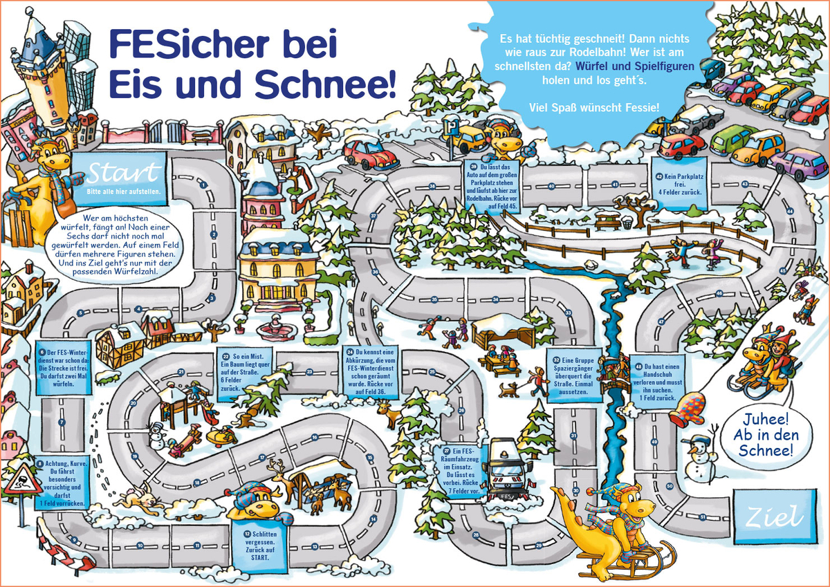 Spielplan mit Rodelbahn, Figuren und Häusern im Schnee
