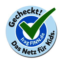 fragFINN-Button mit Haken und Text „Gecheckt! Das Netz für Kids“