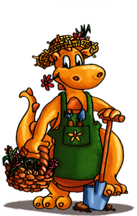 Fessie der Drache mit einem Korb voll Blumen, Spaten, Schürze und Strohhut