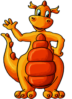 Fessie, der orange Drache, blickt freundlich nach vorne
